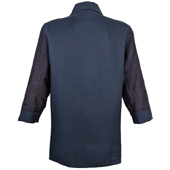 Ann Gerlin Womens 12 Blue Linen Mesh Applique Button Front Top - Picture 4 of 7